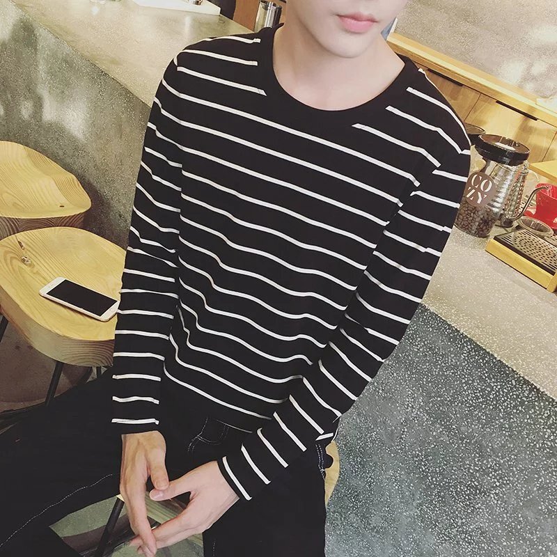 Autumn Long-Sleeved T-Shirt Men's Thin Clothes Bottoming Shirt Autum Loose Trbottomyy Top Summer Stripesd Men's Sweatshirt
