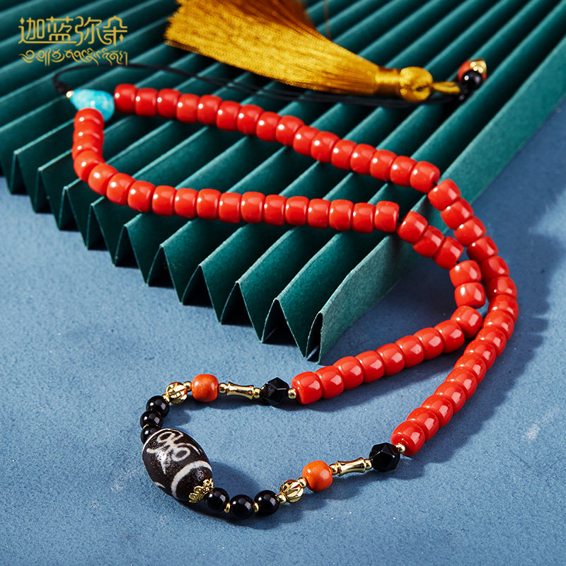 (Ghana Blue Pearl) Tibetan Sky Pearl Green Pine Black Yaoshi Necklace for men and women Glazed Snowbale Beads Lock Bone Chain