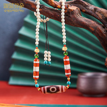 (Ghana Blue Pearl) to Pure Three-Eye-Everest Mammoth Locks Bone Chain Thread Beads Manau Original Stone of Ethnic Wind Necklace