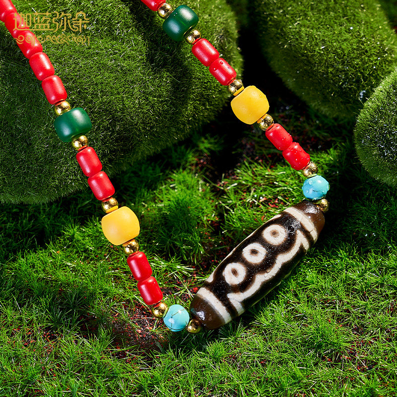 (Ga blue sky beads) Himalayan glass sheba bead necklace Tibetan five-eyed dzi collarbone chain three-eyed dzi