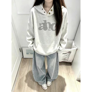 American Retro Gray Hooded Sweatshirt for Women, Autumn and Winter, Fleece-Lined, Loose, Lazy Style, Korean Style, Relaxed Fit, Trendy Outerwear Top
