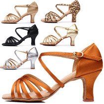 Adult ladies mid-heel Latin dance shoes satin skin color womens soft-soled Latin shoes