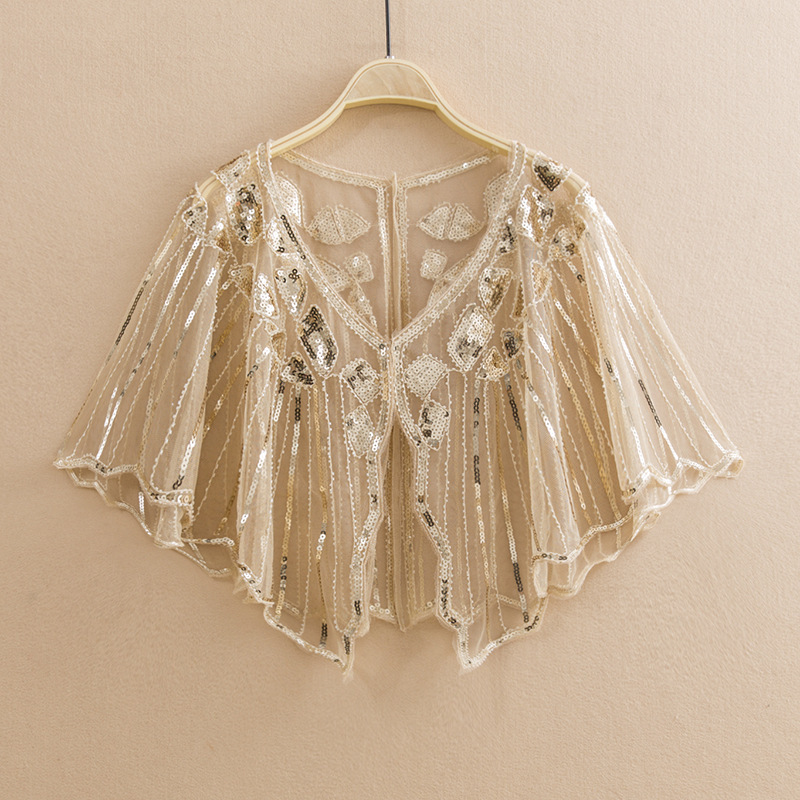 Evening Dress Shawl for Banquets and Balls, Women's Retro Sequin Cape, Stage European and American Wedding Dress Shawl for Parties