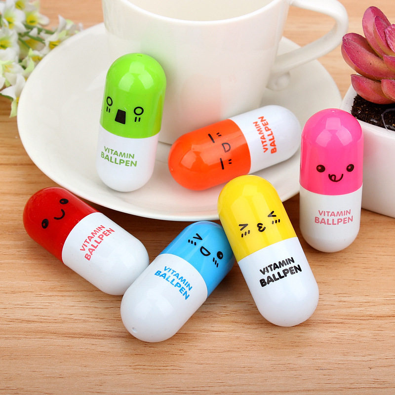 Christmas small gift for men and women Cute Expression Pill Ballpen Korean version Cartoon Student Stationery Writing Telescopic Pen