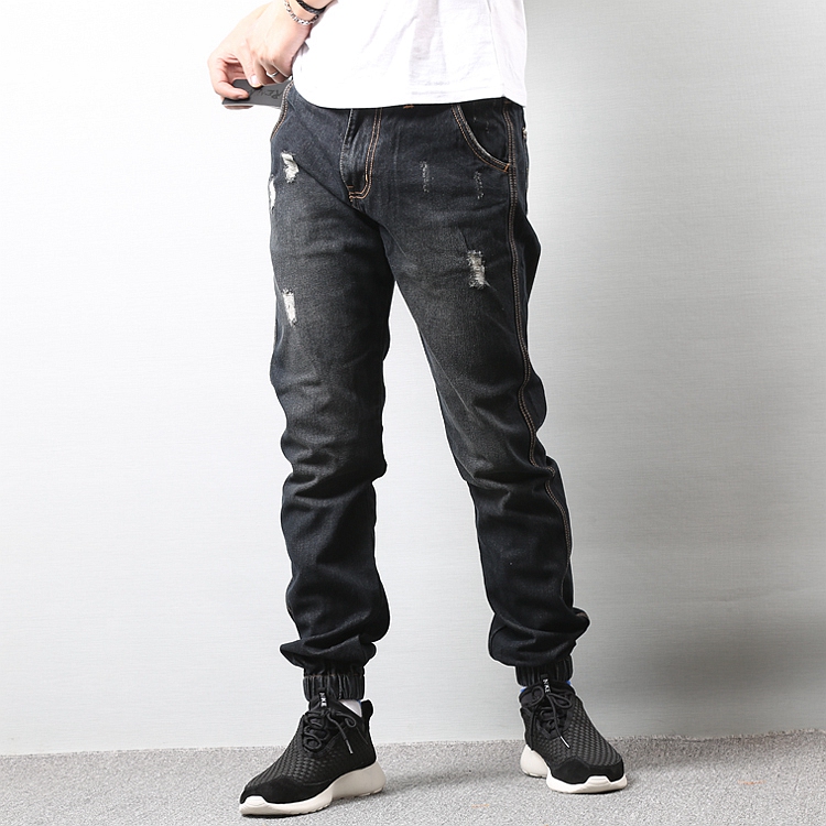 Tide brand autumn hole beam mouth closed foot denim long pants Korean version slim casual narrow leg pants beam mouth pants men's tooling