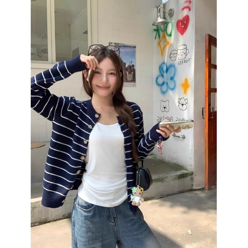 2026 Knitted Sweater for Women Early Autumn Spring Korean Style Outfit Loose Cardigan Top Striped Color-Block Short Jacket