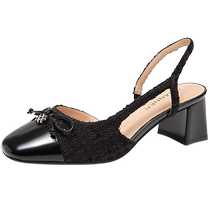 Qianbaidu genuine leather stitching fashion sandals womens 2024 summer new style thick medium heel back hollow toe sandals for commuting