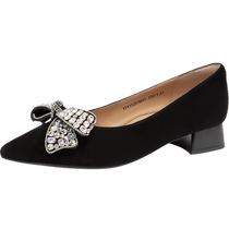Qianbaidu thick heel evening shoes 2024 spring new medium heel sheepskin shallow mouth pointed toe single shoes for womens commuting comfort