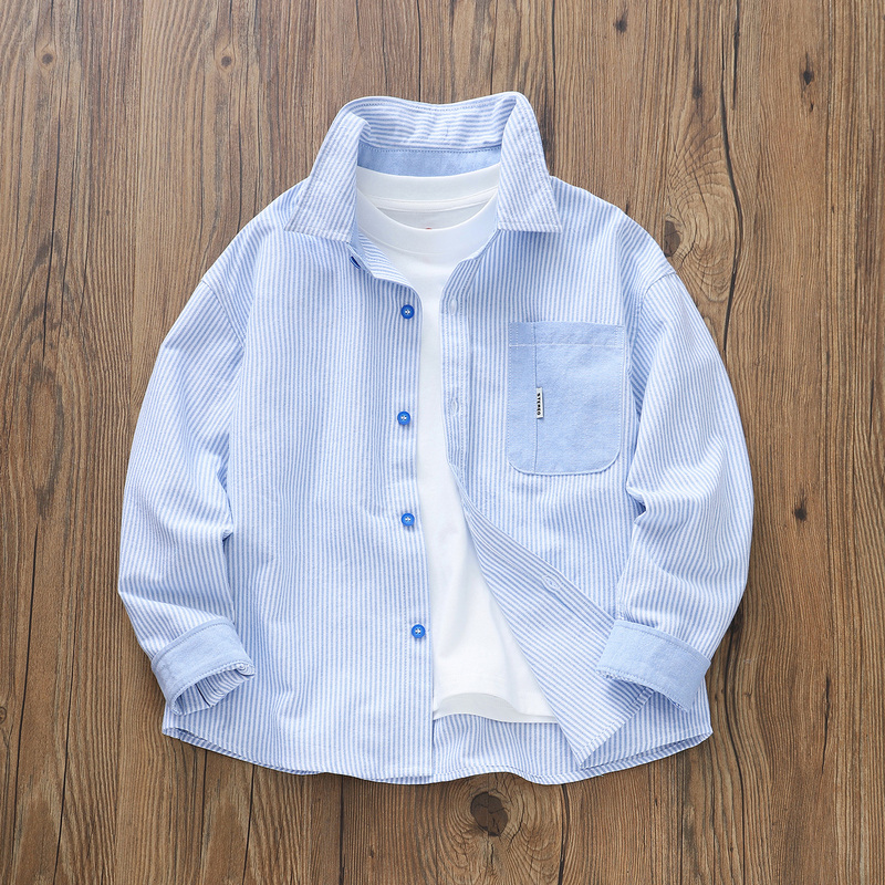 [Fashion] Soft Cotton Boys' Striped Shirt for Older Children, Long-Sleeved Shirt for Kids, Spring and Summer Children's Clothing L5
