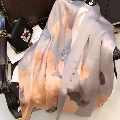 Warm champagne peony double-layer double-sided disc buckle shawl mulberry silk satin wild long version silk scarf