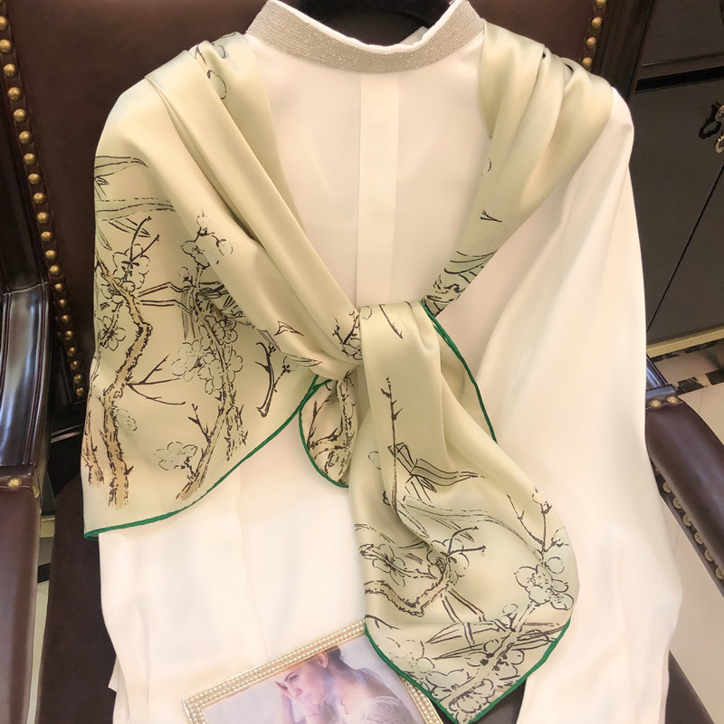 Gift scarf elegant green hand-painted magpie plum blossom silk scarf women's versatile mulberry silk large square scarf spring and summer shawl