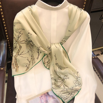Gift scarf elegant green hand-painted Magpie plum blossom silk scarf female wild silk scarf spring and summer shawl