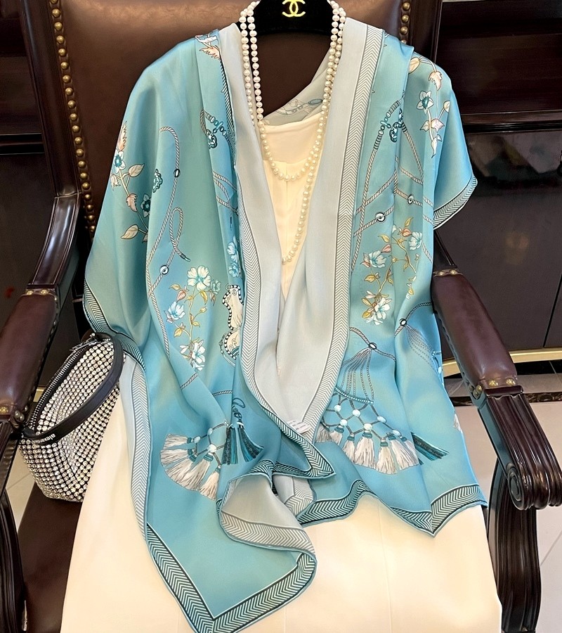 Retro Hole Blue Fan Dancing Real Silk Scarves Woman Long Version Heavy-pound mulberry silk Beatle Spring autumn 100 lap scarves