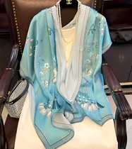 Retro Hole Blue Fan Dancing Real Silk Scarves Woman Long style Heavy Pound Mulberry Silk Shawl Spring Autumn 100 Lap Scarves