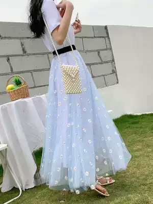 Small Daisy mesh skirt women spring and summer 2021 New medium long version of high waist slim super fairy gauze dress long skirt