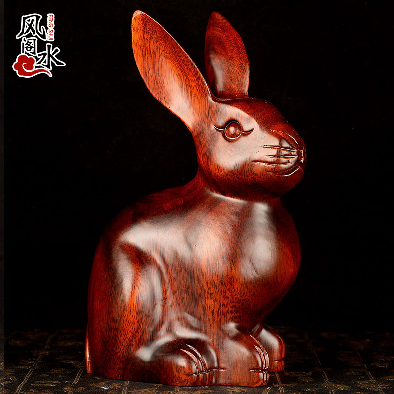 Fengshui Peach Rabbit is wooden carved 12 zodiac rabbit wooden decoration tabletop decoration