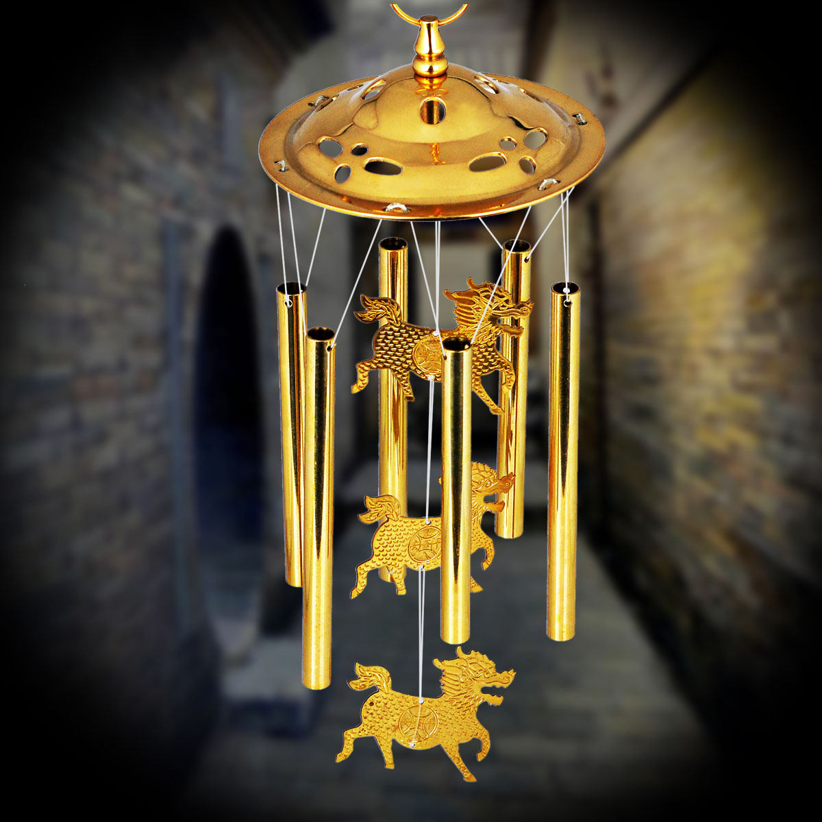 Copper Wind Chime Door Bell Pendant Hanging Ornament Six-Tube Qilin Metal Copper Bell Home Living Room Balcony Decoration Gift