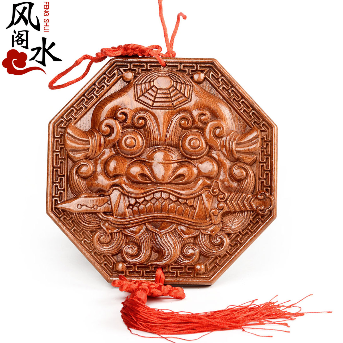 Mahogany animal head mirror Bagua mirror pendant ornament wood carving pendant