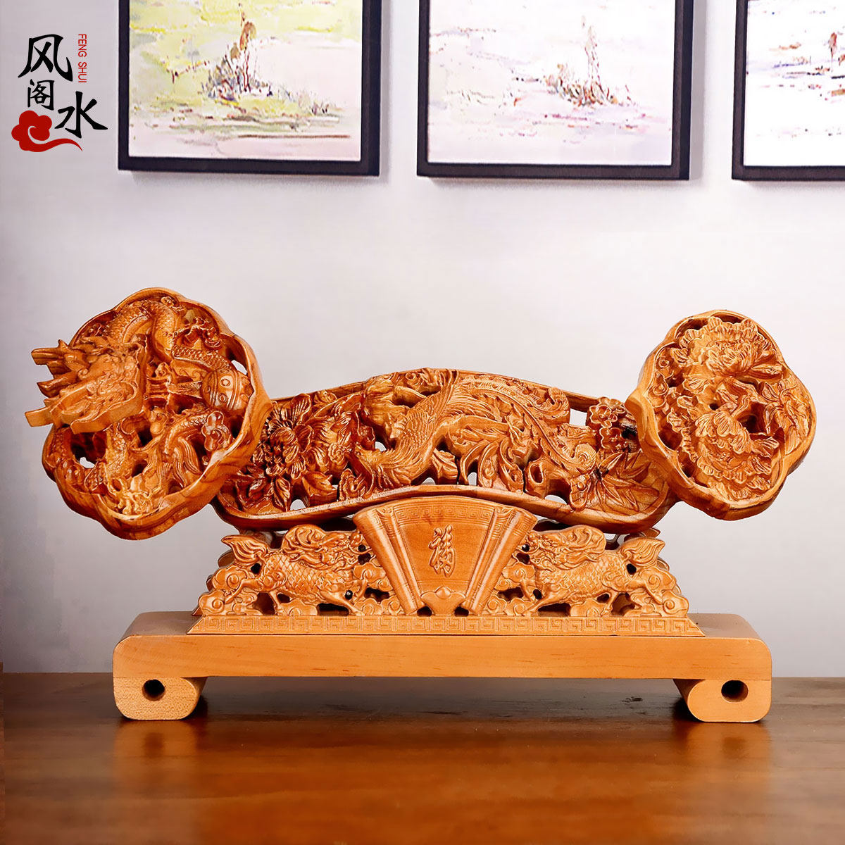 Feng Shui Pavilion Peach Wood Ruyi Ornament Wood Carving Decoration Fulu Shou Peach Home Living Room Handicraft Gifts