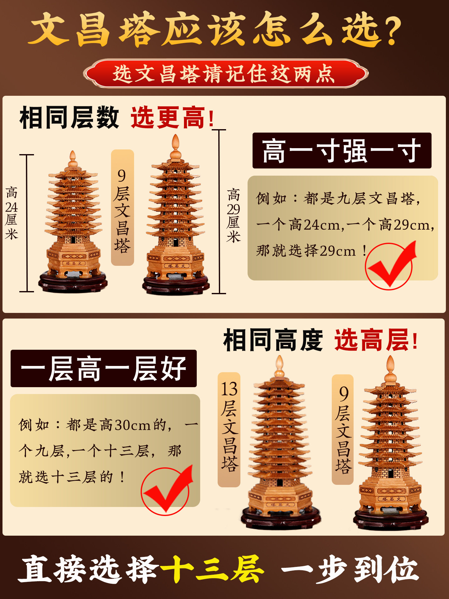 Wooden Wenchang Tower Ornament, Natural Peach Wood, 13 Layers, Wooden Nine-Layer Study Desk, 9 Layers, 7 Layers, Thirteen-Layer Wooden Products