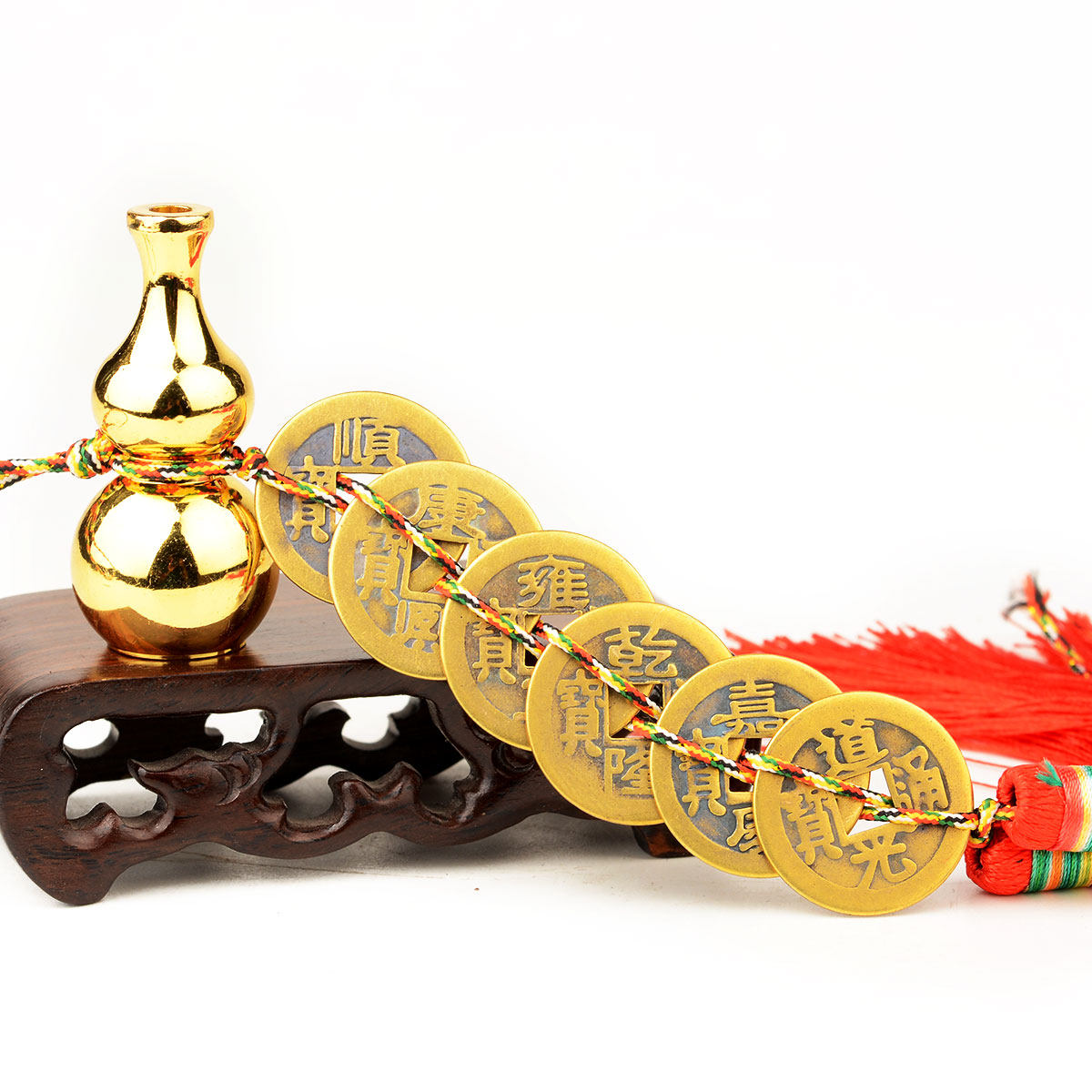 Copper Gourd Ornament with Six Emperors' Coins Pendant, Small Size, Auspicious Chinese Knot, Home Craft Gift, Decorative Small Item, Portable