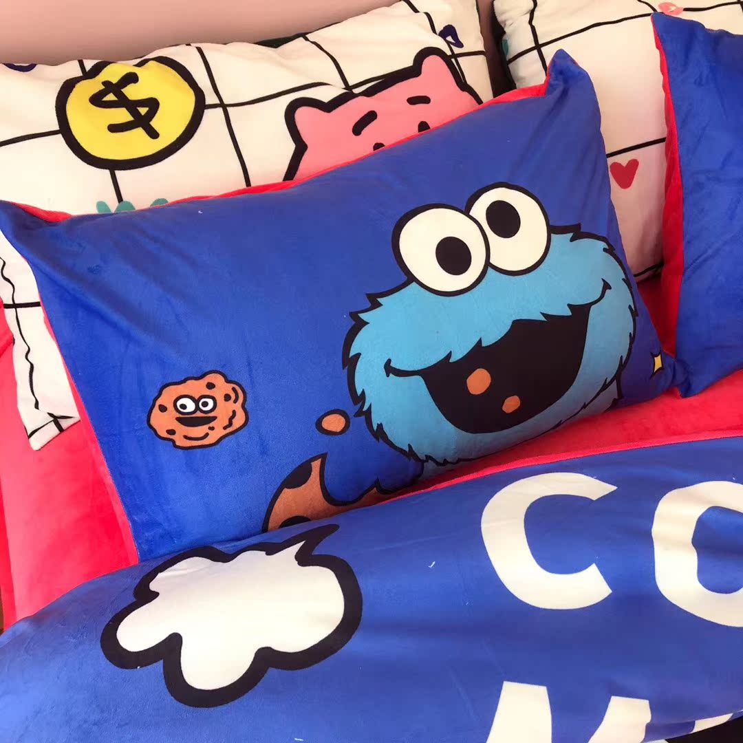 Sesame Street Elmo nhung ấm cashmere bé bánh quy gia đình lạ bốn tấm giường Dongkuan áp dụng 1.8m - Bộ đồ giường bốn mảnh mẫu chăn ga gối đệm đẹp