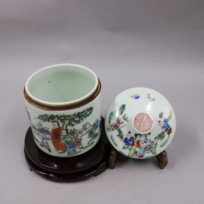 清 同治 粉彩茶罐 中国 古美術 大清同治年制茶叶罐粉彩人物故事图瓷罐仿古瓷器摆件大号铜环盖罐古董