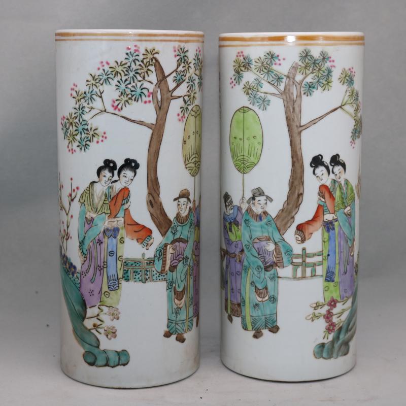 Republic of China Hand-Painted Pastel Brocade Homecoming Scene Hat Tube Porcelain Old Factory Goods Study Room Home Decoration Antique Ornaments