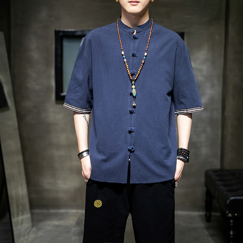 China Wind Men's Clothing Summer Linen Short Sleeve Shirt Male Tang Clothing Young Chinese Pan Buttoned Collar Cotton Linen Jacket Clothing