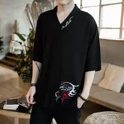 Summer Chinese style ancient style improved Hanfu men's short sleeve T-shirt retro cotton and linen men's youth Tang suit big size tide