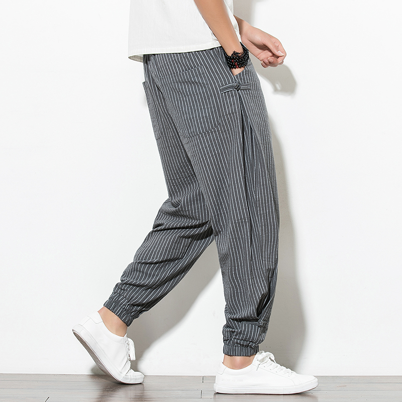 Linen pants men's loose thin summer Chinese style striped casual pants cotton linen bloomers large size trend Harlan pants