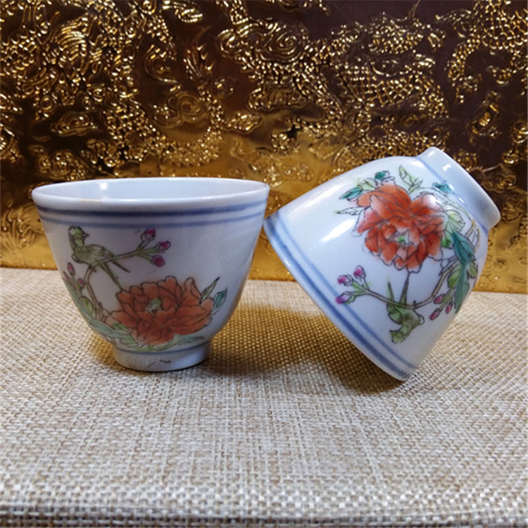 景德镇文革厂货瓷器粉彩手绘鸟语花香品茗杯茶杯茶盅酒杯三缸盅