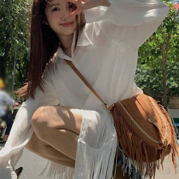 Chic Tassel White Shirt Women's 2025 Summer New Thin Outwear Design Niche Korean Style Shirt Top
