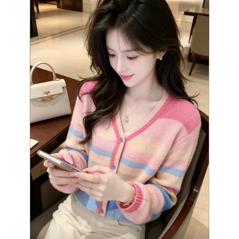 Super Nice-Looking Rainbow Striped Knitted Cardigan for Women, New Autumn Style, Loose and Lazy Style, Dopamine V-Neck Sweater Jacket