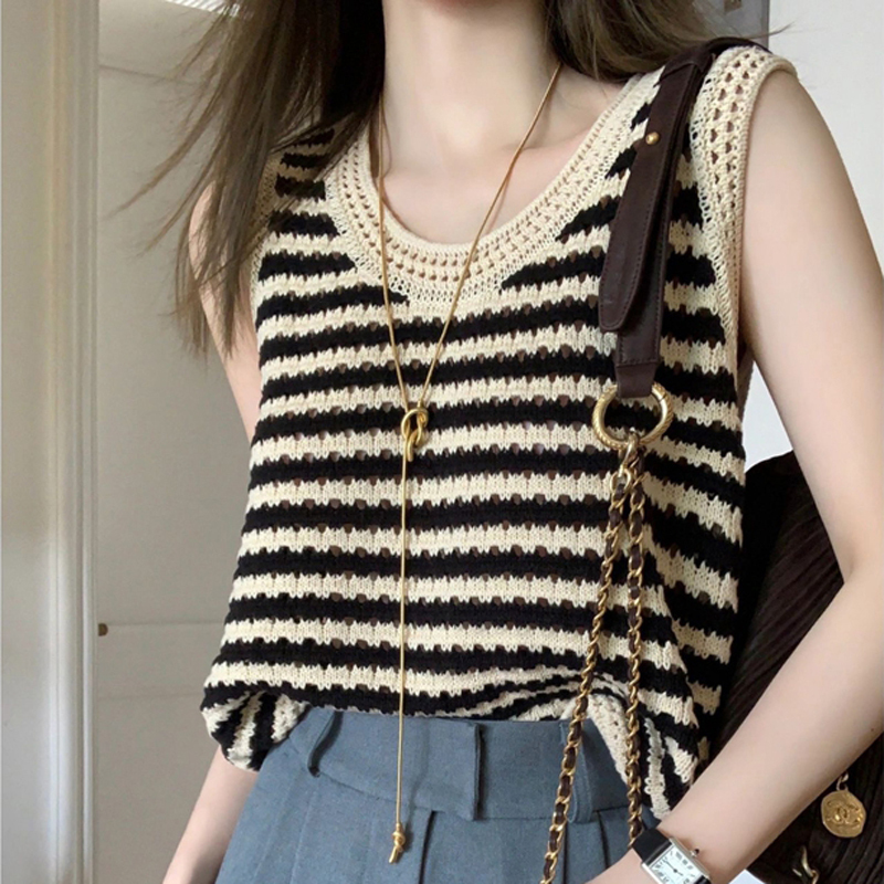 Striped Knitted Camisole for Women, Summer Outerwear, Loose French Style, Hollow-Out Base Layer, Sleeveless T-Shirt Top
