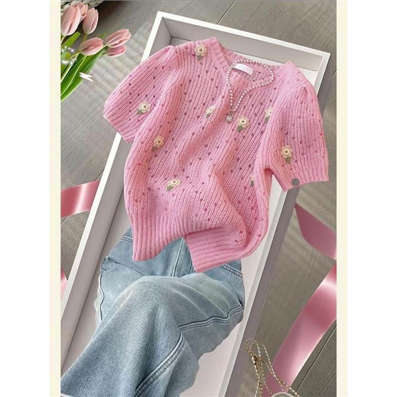Spring and Summer Unique, Beautiful, Stylish, Age-Reducing, Niche Design, High-End, Super Pretty Pink T-Shirt Knit Top