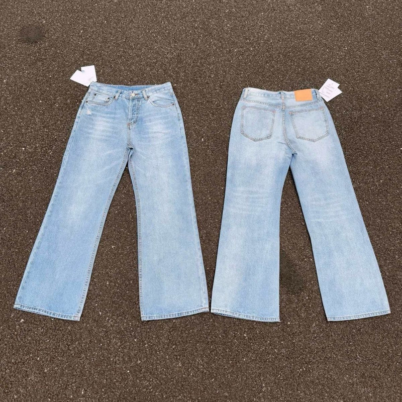 25Ss Spring/Summer New Classic Light Blue Washed Cat Whiskers Long Pants Loose Straight Wide-Leg Jeans Men's Trendy