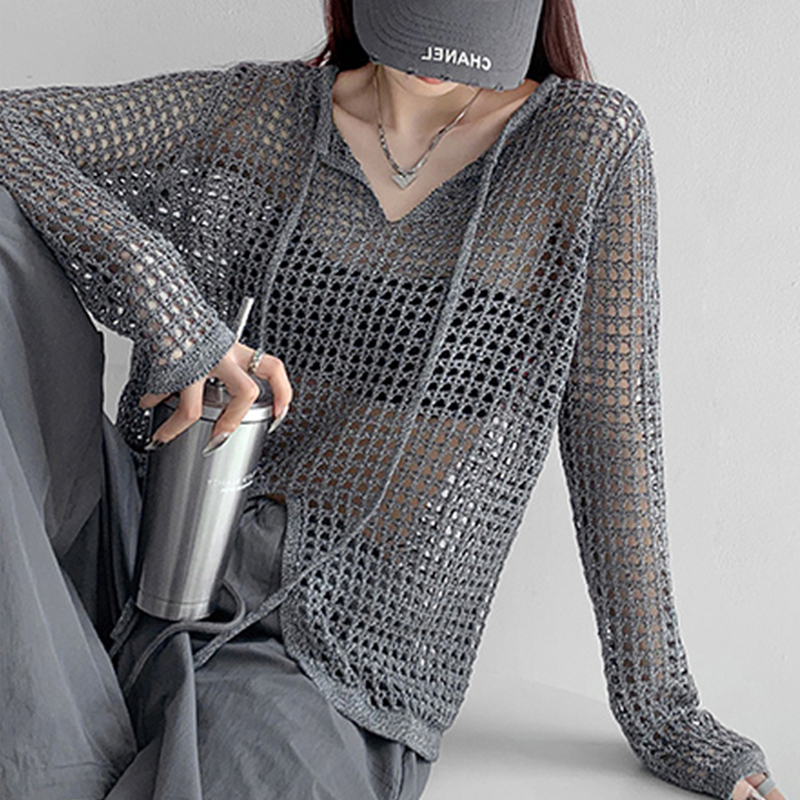 American See-Through Loose Cut Out Knitted Design Long-Sleeved Top for Women Spring and Summer New Slit Sun Protection Mesh Blouse