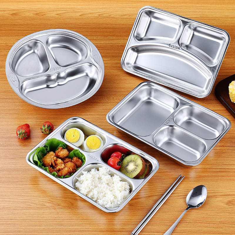 Stainless steel 304 children's division plate baby meal plate four with lid meal dish anti - fall kindergarten tableware
