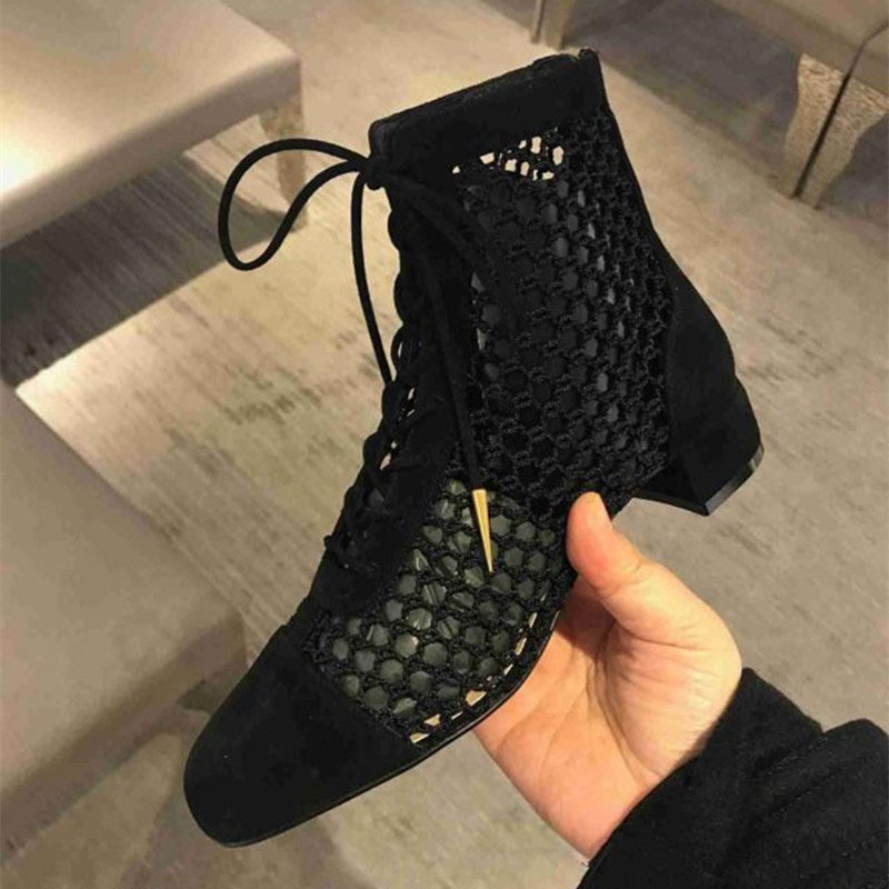 Chunky Heel Mesh Boots, Mid-Heel Hollow-Out Heeled Summer Boots, Roman Lace-Up Sandals, Women's Summer Short Boots, Women's Mesh Sandals