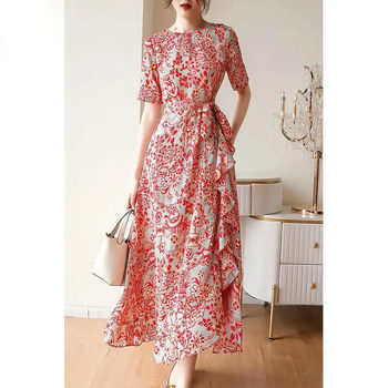 High-end foreign style irregular ruffles summer long dress 2022 new waist slimming chiffon printed skirt