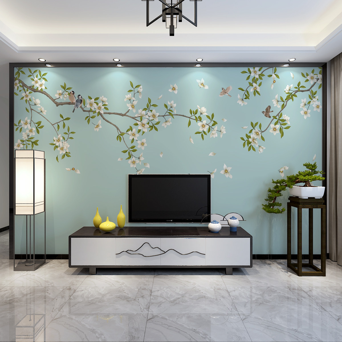 New Chinese TV Background Wall Wallpaper Living Room Sofa 8D Hand-painted Flowers Bird Mural Wall Cloth Decoration Film And Film Wall Paper