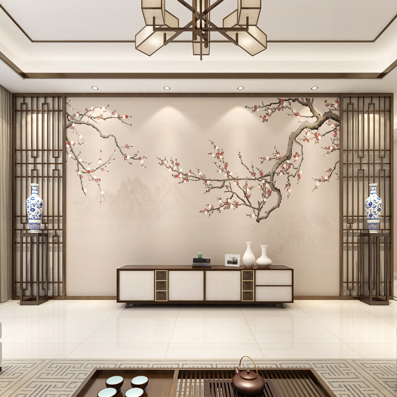 2021 new Chinese TV set background wall paper living room hand-painted plum bird wallpaper mural film and television wall cloth