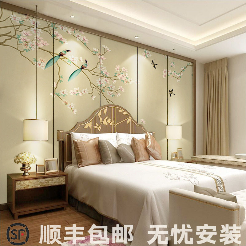 Modern simple Chinese wallpaper mural non-woven wallpaper living room flowers and birds TV background wall painting bedroom wall cloth