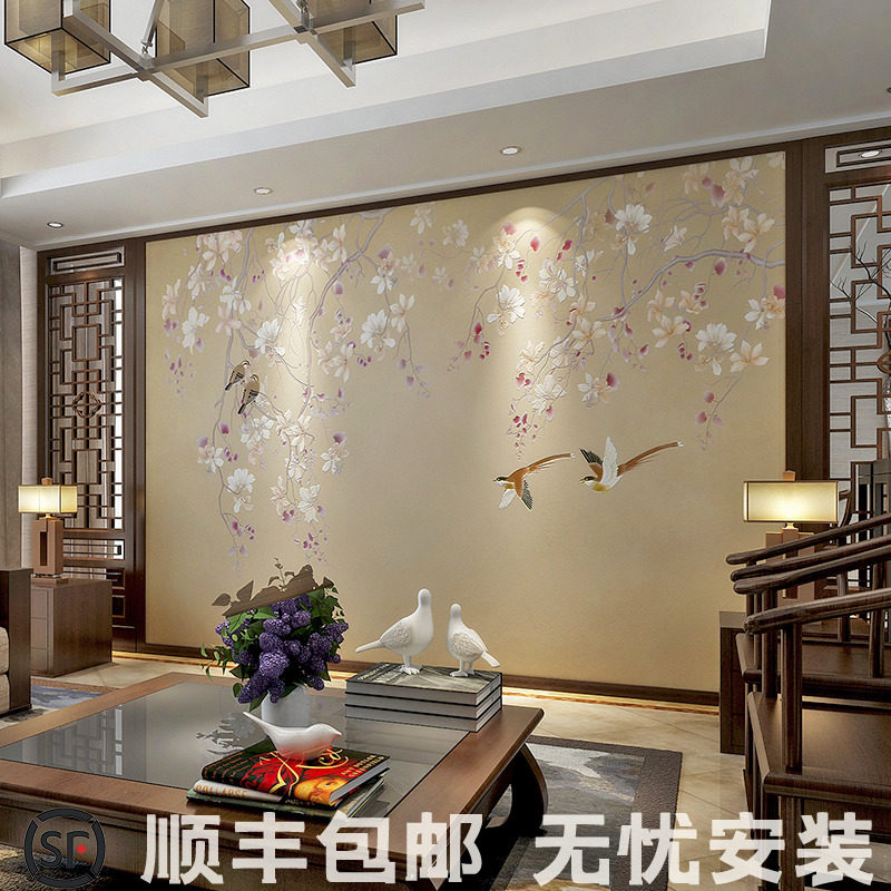 New Chinese Wall Cloth Background Wall Room Wallpaper Wallpaper Wallpaper WallclothesFlower and Bird Atmosphere Seamless Decoration Murals