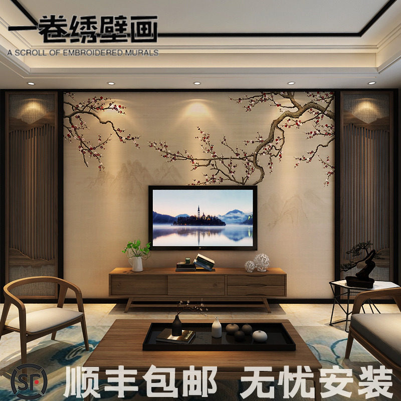 TV background wall paper Chinese flower and bird living room film and television wall ancient style plum blossom wallpaper custom mural wall cloth