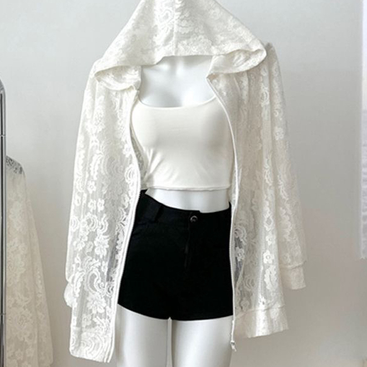 Plus Size 150kg Plus Size Mid-Length Lace Cardigan Hooded Thin Outwear Women's Sun Protection Long-Sleeved Outer Loose Top