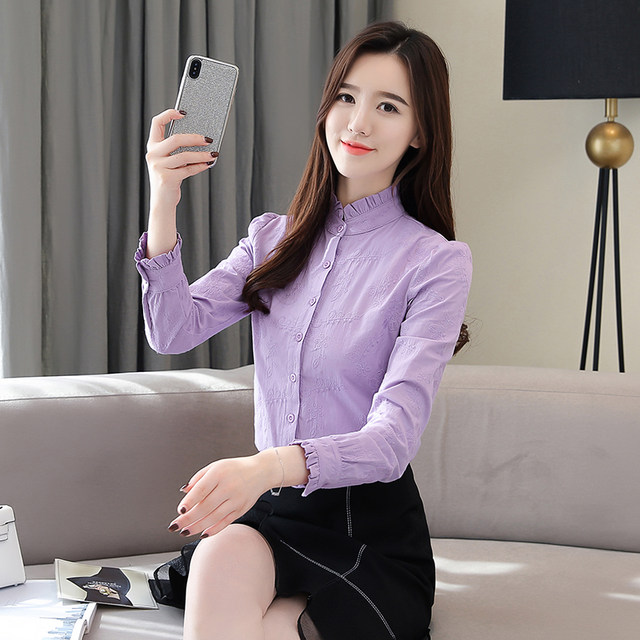 Purple shirt women's long-sleeved slim-fit autumn and winter wooden ears stand-up collar embroidered flowers pure cotton plus velvet bottoming shirt shirt