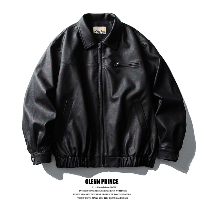 Gpstudio Handsome and High-End Matte Pu Leather Jacket for Men, Autumn High Street Outdoor Windproof Loose Biker Jacket