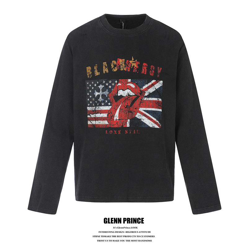 Gpstudio Street-Style Prank Union Jack Flag Rolling Stones Tongue Print Long-Sleeve Men's T-Shirt, Autumn Short Slim-Fit Top